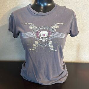 Distressed, raw edge baby doll tee.